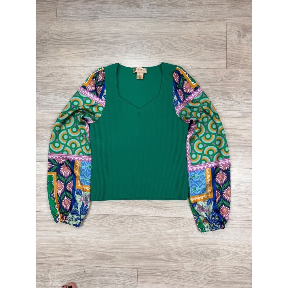 Bailey 44 Green Ribbed Knit Top Multi Color Pattern Balloon Sleeve Womens Small